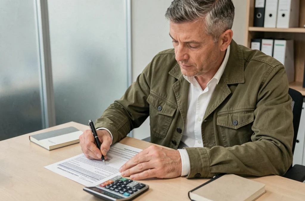 Homme remplissant sa déclaration fiscale avec le calcul des frais kilométriques 2026 dans un bureau comptable