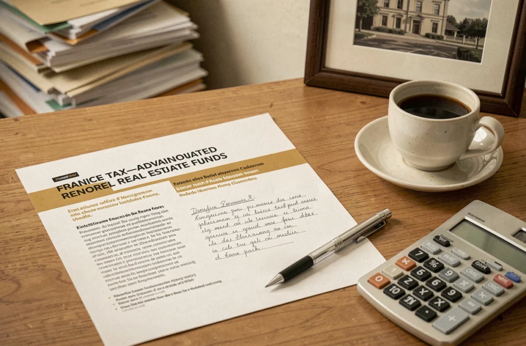 Documents et notes manuscrites sur une SCPI fiscale posés sur un bureau de comptable