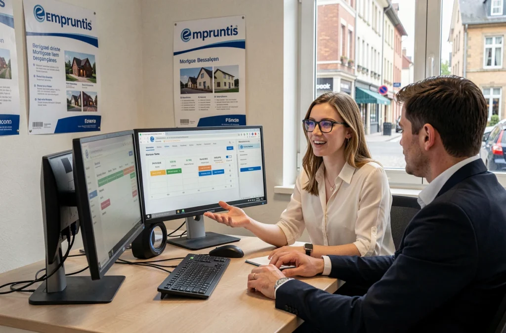 Conseillère Empruntis Besançon montrant une simulation de prêt immobilier sur écran à un client