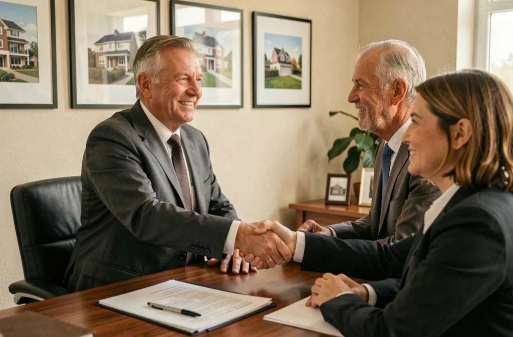 Spécialiste en transaction immobilière Essimmo finalisant une vente avec des clients dans un bureau en Essonne