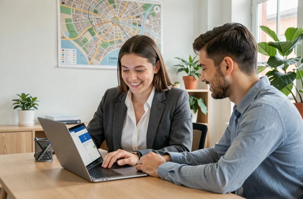 Conseillère en assurance Fantine-14 à Caen présentant une proposition d'assurance numérique à un jeune client
