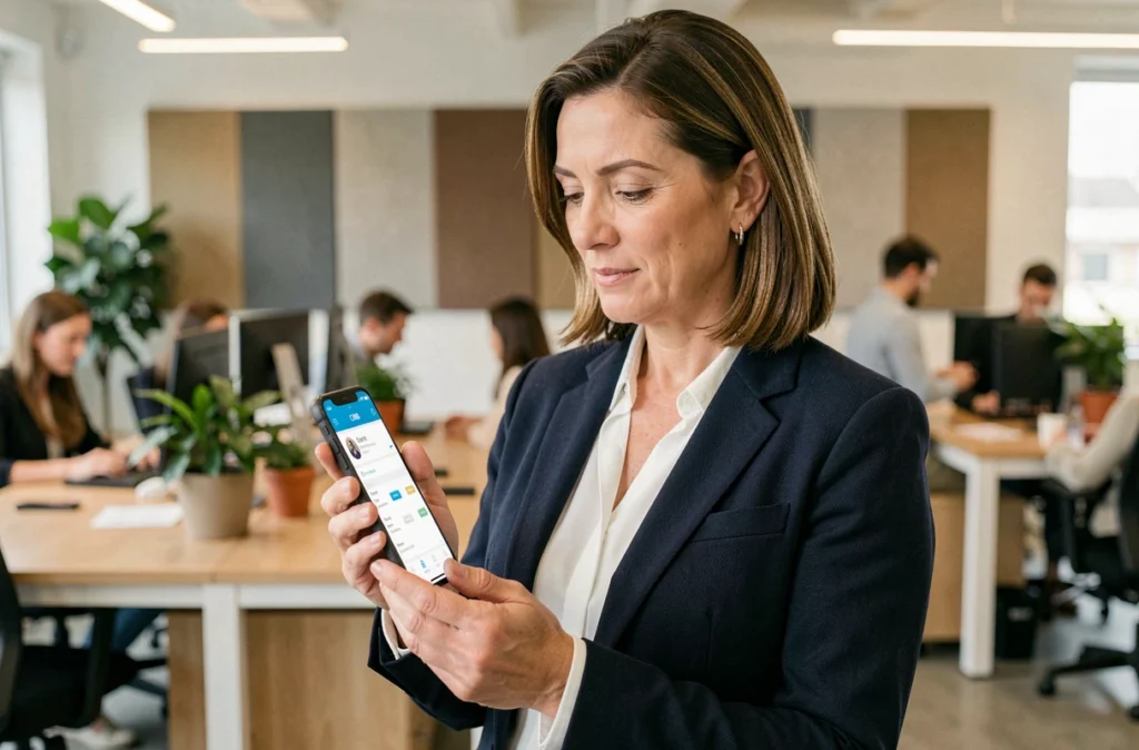 Femme en blazer marine consultant l'application mobile CMB dans un espace de coworking