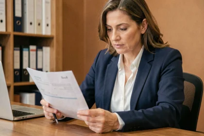 Femme de 40 ans consultant ses documents de mutuelle santé à son bureau à domicile avant un changement de contrat