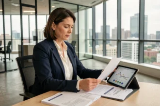 Femme professionnelle consultant des documents d'investissement SCPI dans un bureau moderne avec vue urbaine