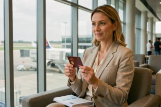 Femme tenant un passeport et une carte Visa Premier dans un aéroport, illustrant l'assurance voyage Covid incluse dans la carte