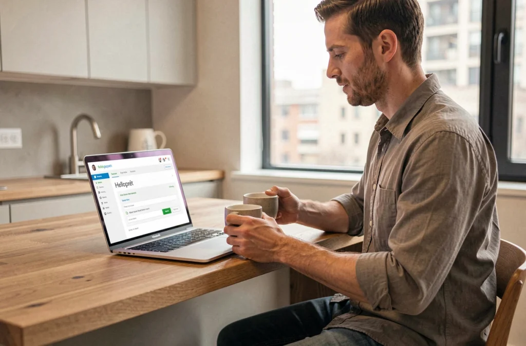 Particulier utilisant Helloprêt depuis son domicile pour consulter une offre de prêt immobilier en ligne