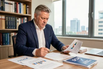 Homme d'affaires préoccupé examinant des documents financiers liés à une SCPI en assurance vie sur son bureau