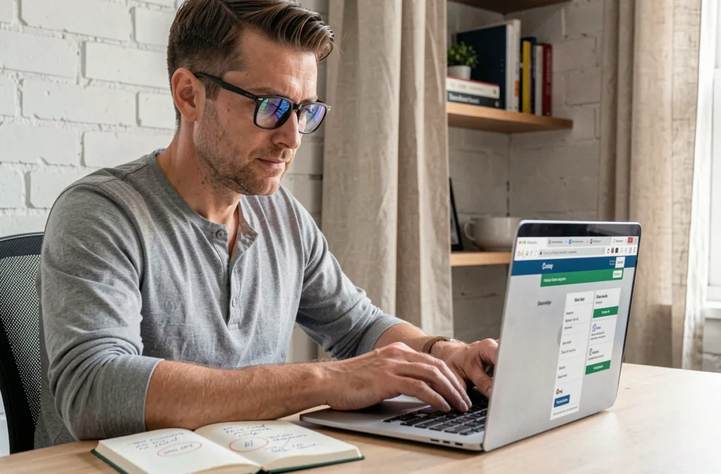 Homme comparant des offres d'assurance de prêt immobilier en ligne depuis son bureau à domicile