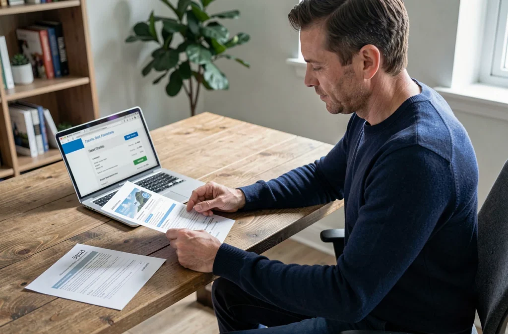 Homme consultant un document d'assurance voyage Visa Premier à son bureau à domicile avec un ordinateur portable