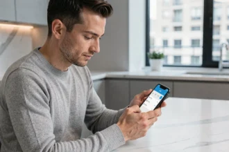 Homme consultant son espace client CMB sur smartphone dans une cuisine moderne en 2026