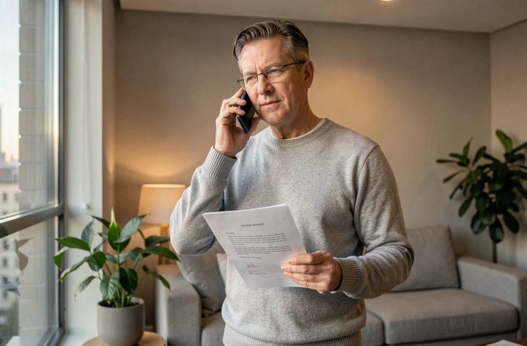Homme dans la cinquantaine téléphonant à sa mutuelle santé pour signaler un changement de contrat en tenant un courrier officiel