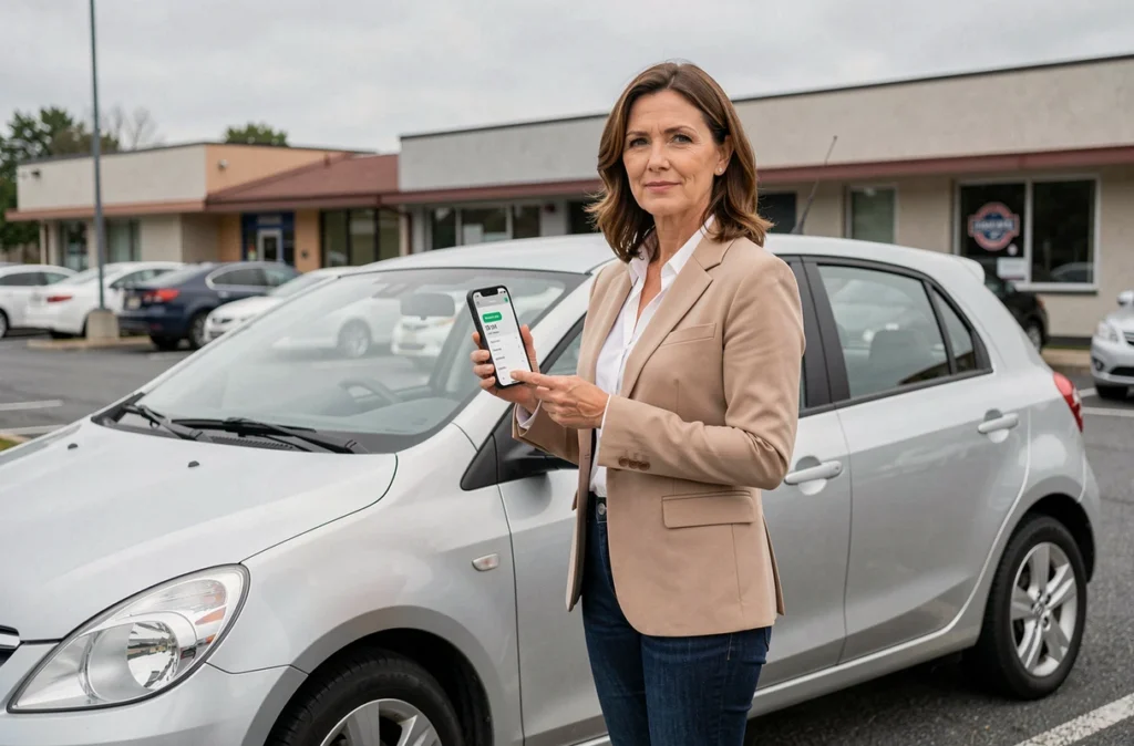 Travailleuse indépendante utilisant une application de suivi kilométrique à côté de sa voiture pour ses frais professionnels 2026