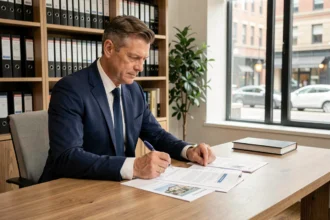 Investisseur immobilier étudiant des documents de SCPI fiscale dans un bureau professionnel