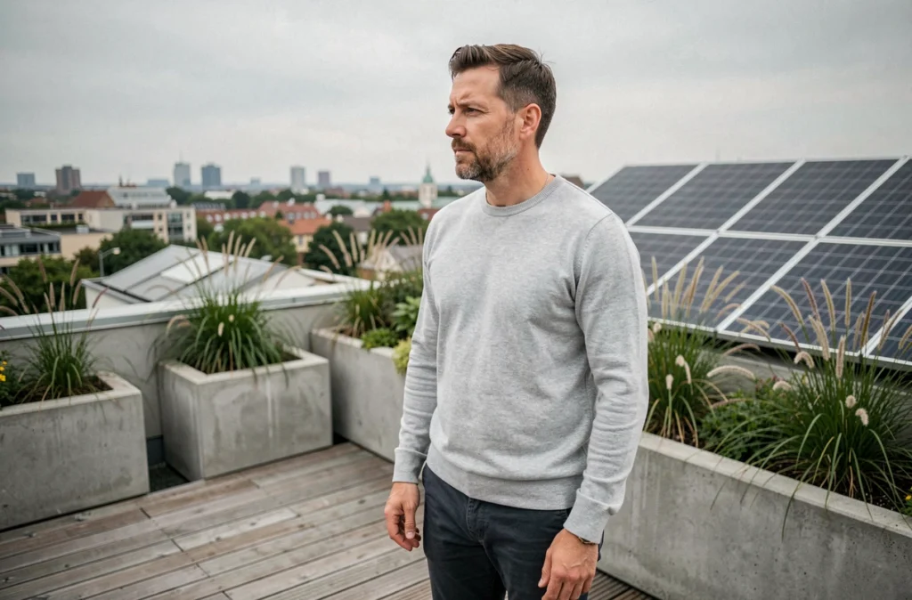 Investisseur responsable contemplant un toit végétalisé et des panneaux solaires dans un immeuble certifié vert