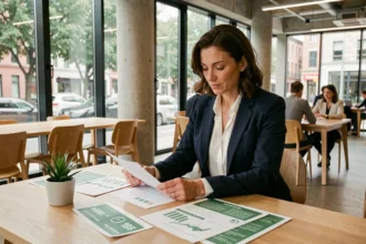 Investisseuse analyisant des rapports de SCPI verte dans un bureau moderne avec vue sur la ville