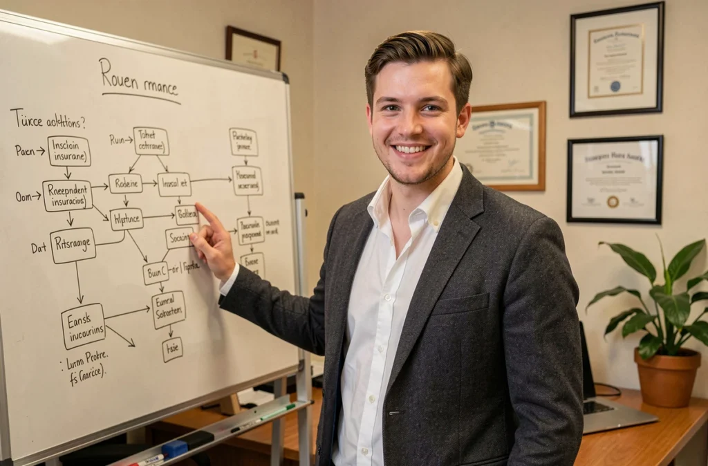 Jérémy Besseau, courtier indépendant à Rouen, dans son bureau avec tableau de planification d'assurance