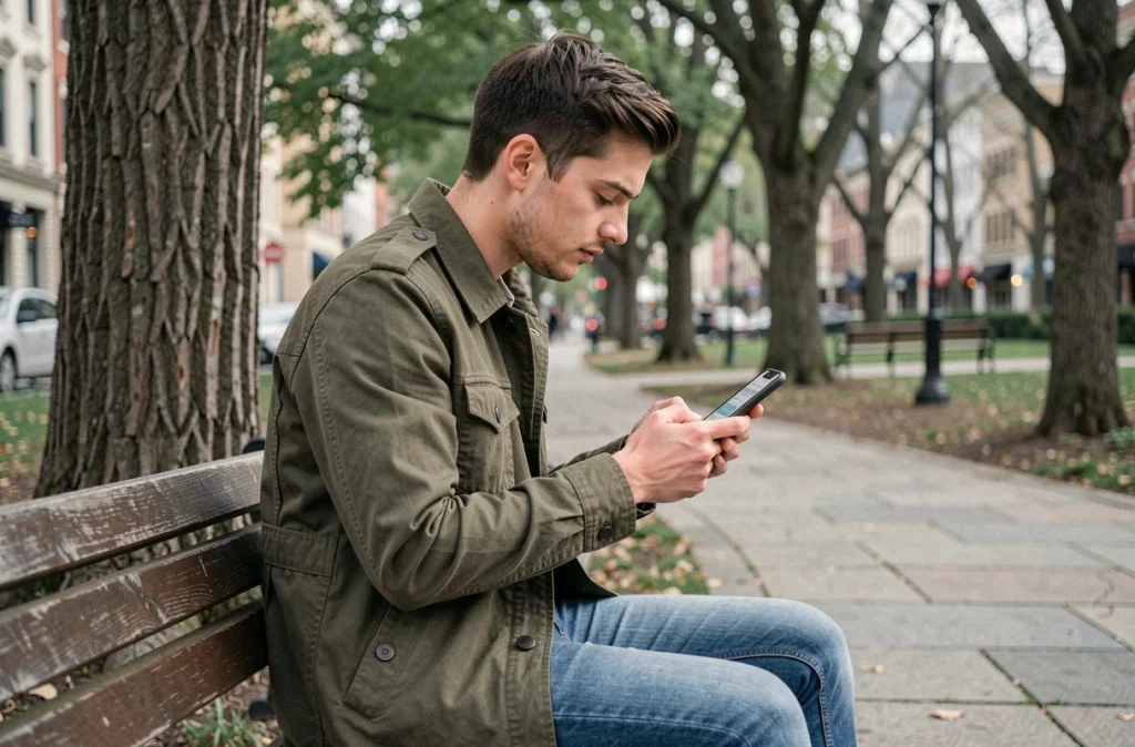 Jeune adulte utilisant l'espace client CMB sur mobile dans un parc urbain en 2026