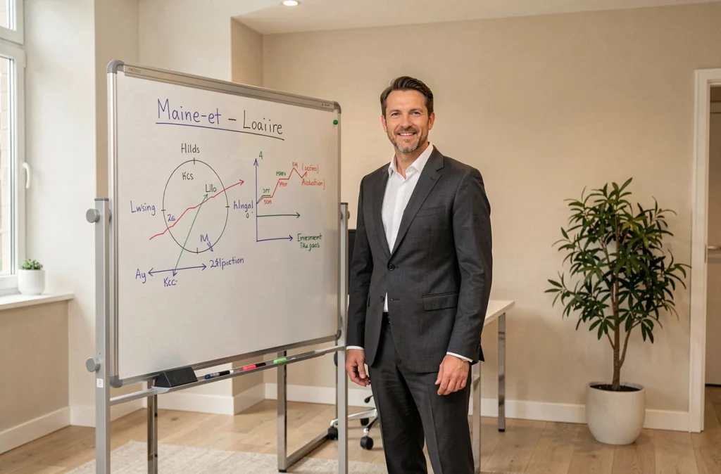 Conseiller KG Patrimoine debout devant un tableau de stratégie d'investissement dans un bureau contemporain du Maine-et-Loire