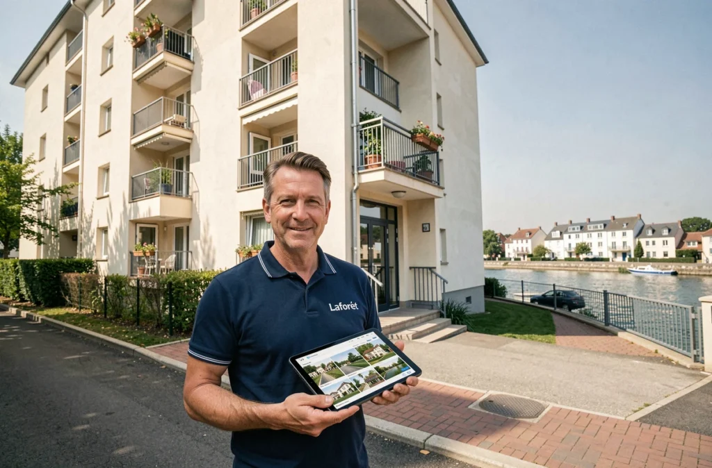 Négociateur Laforêt Vigneux-sur-Seine tenant une tablette devant un immeuble résidentiel local