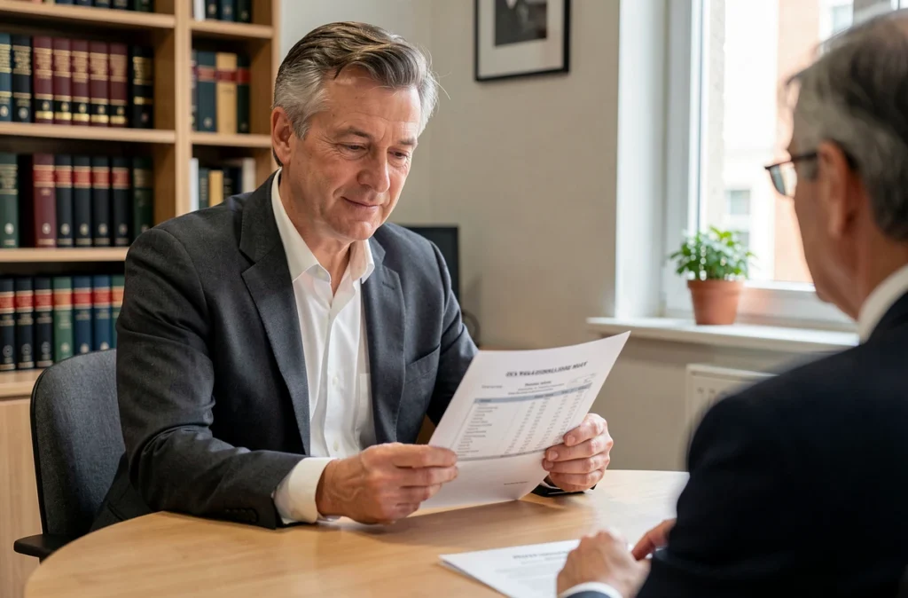 Conseiller patrimonial indépendant de LIGEIS examinant un audit financier avec un client autour d'une table de réunion à Angers