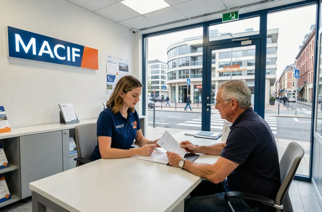 Conseillère MACIF Assurances au Havre aidant un client à comprendre ses garanties dans une agence aux couleurs de la marque