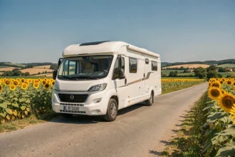 Camping-car blanc moderne garé sur une route de campagne française entourée de champs de tournesols