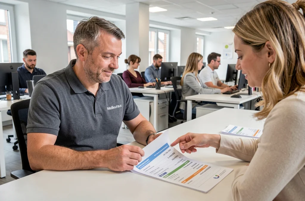 Conseiller Meilleurtaux Besançon en train d'examiner des comparatifs de taux immobiliers avec une cliente