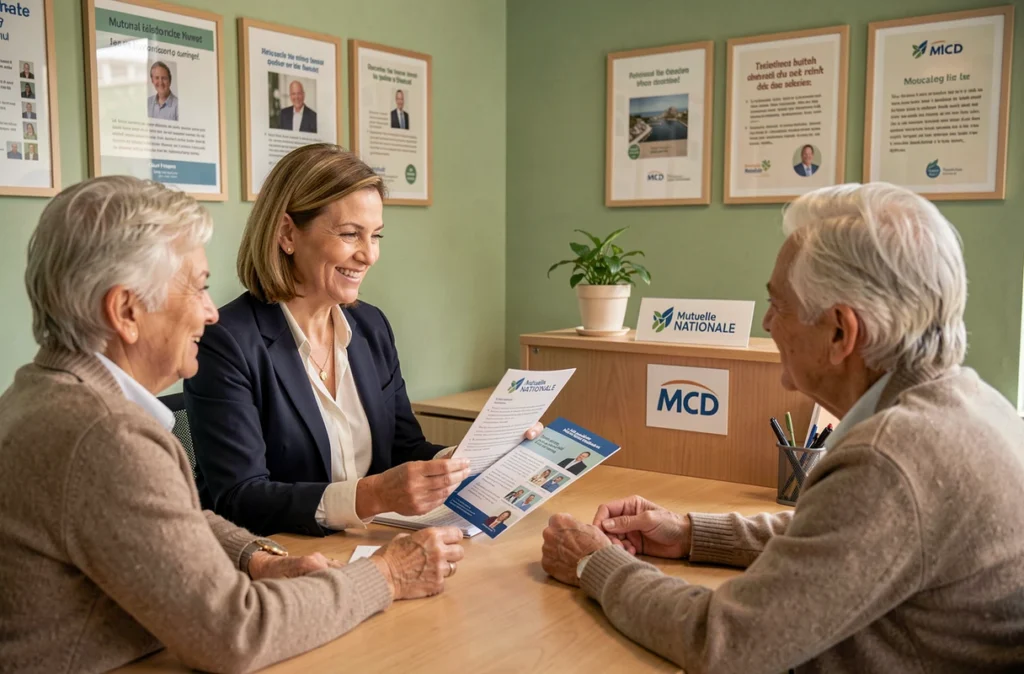Conseillère de la Mutuelle Nationale MCD à Rouen expliquant une brochure mutualiste à un couple de seniors