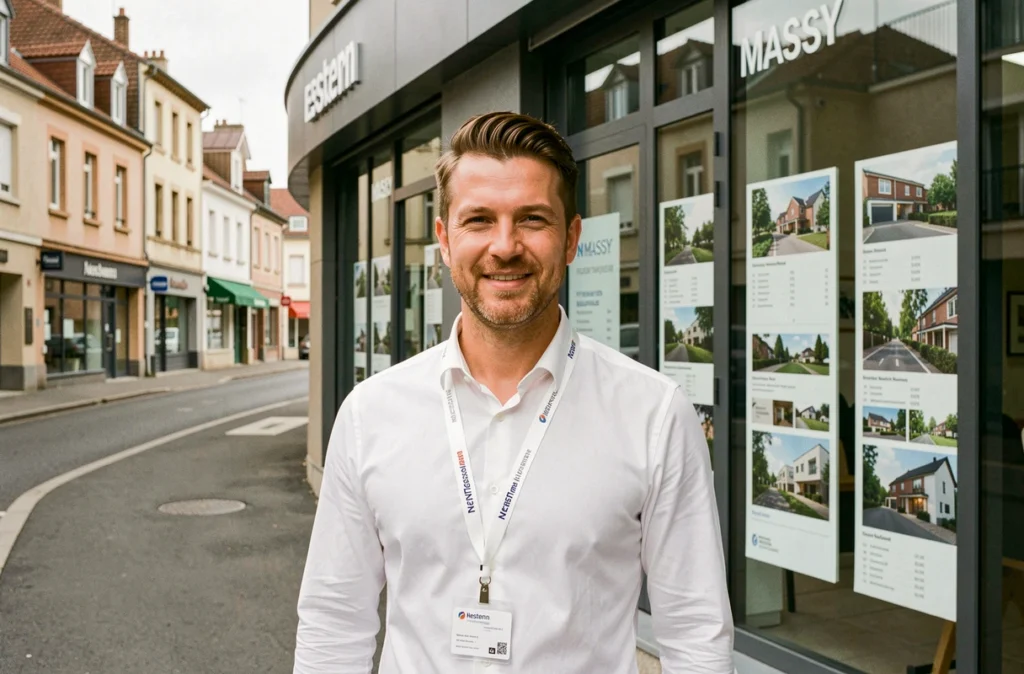 Agent immobilier Nestenn Massy devant la vitrine de l'agence spécialisée dans le nord de l'Essonne