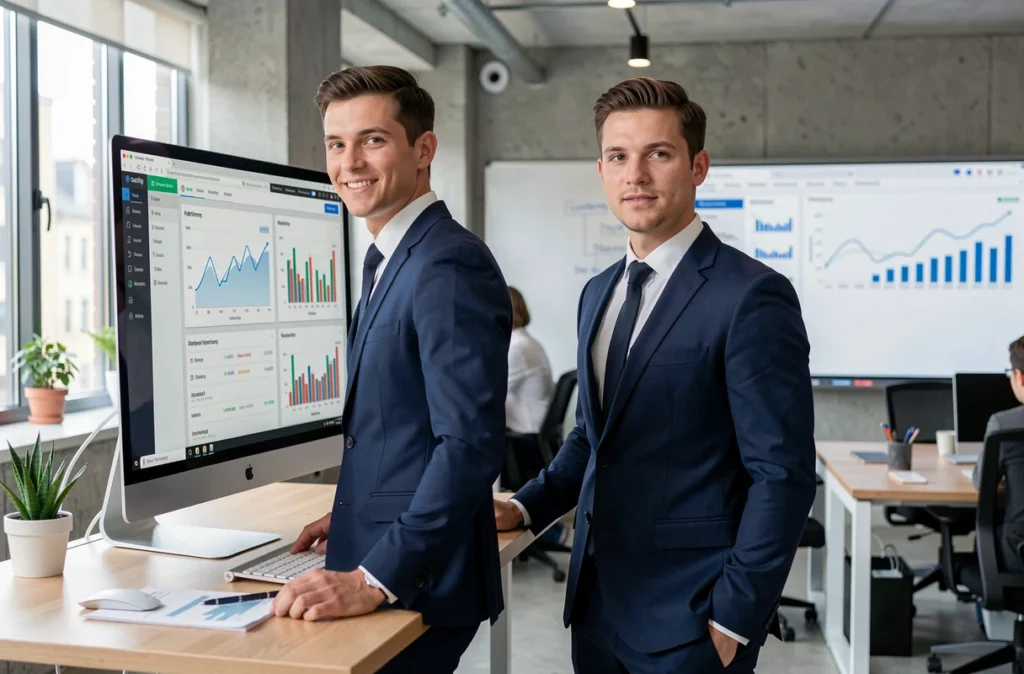 Jeune conseiller de Nextgen Patrimoine utilisant des outils numériques modernes pour la formation et le conseil patrimonial nouvelle génération