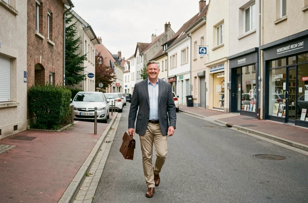 Conseiller indépendant Optimhome Essonne marchant dans une rue résidentielle du département