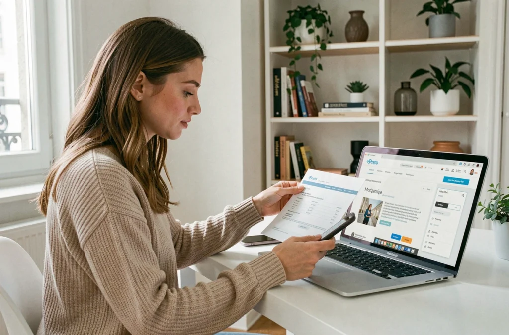 Utilisatrice de la plateforme en ligne Pretto consultant une offre de prêt immobilier depuis son bureau à domicile