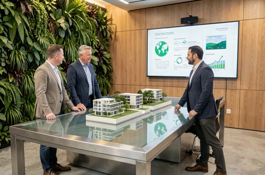 Groupe d'investisseurs discutant de projets immobiliers durables lors d'une réunion avec maquettes de bâtiments écologiques
