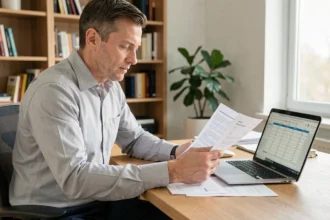 Salarié consultant ses documents fiscaux et le barème des frais kilométriques 2026 sur son bureau à domicile