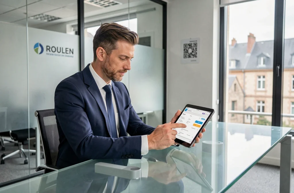 Professionnel de SAS Offensive Expertise dans son bureau moderne à Rouen consultant une tablette avec données d'assurance