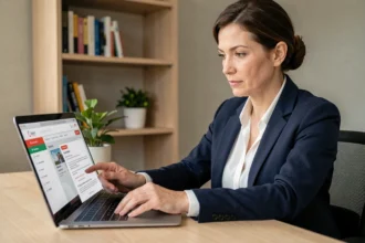 Femme professionnelle souscrivant une assurance professionnelle en ligne sur son ordinateur portable dans un bureau moderne