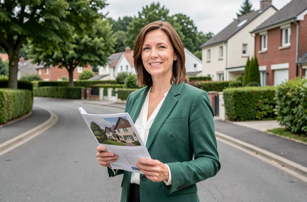 Experte immobilière Val d'Yerres Immobilier présentant un bien dans une rue résidentielle de la vallée de l'Yerres