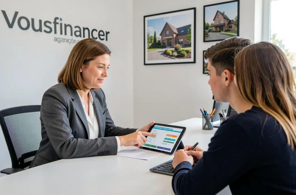 Courtière Vousfinancer Besançon expliquant un comparatif de prêt immobilier à un couple de clients