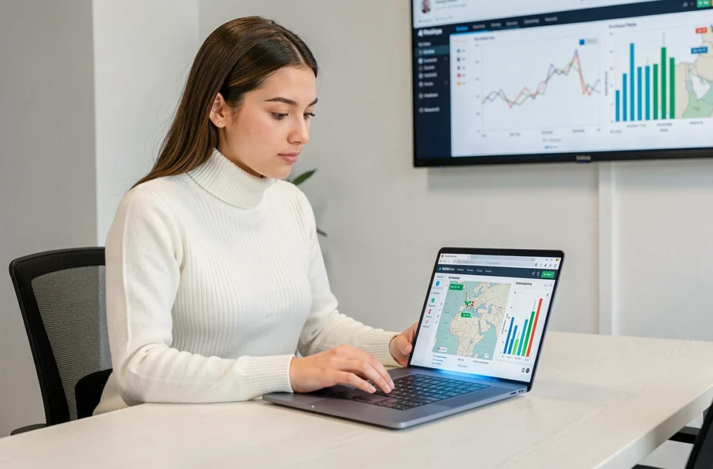 Consultante Ximmoa travaillant sur un tableau de bord digital d'investissement locatif dans un espace de coworking