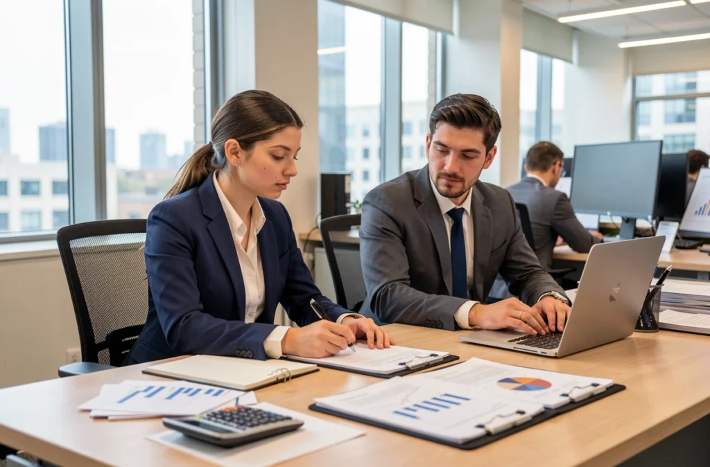 Alternant travaillant avec un collègue dans un service financier