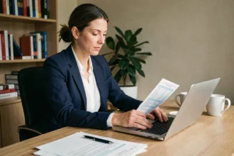 Femme consultante calculant son salaire net en brut sur ordinateur portable avec des fiches de paie sur un bureau en bois