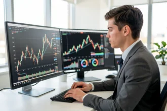 Étudiant analysant des graphiques financiers dans un bureau lumineux
