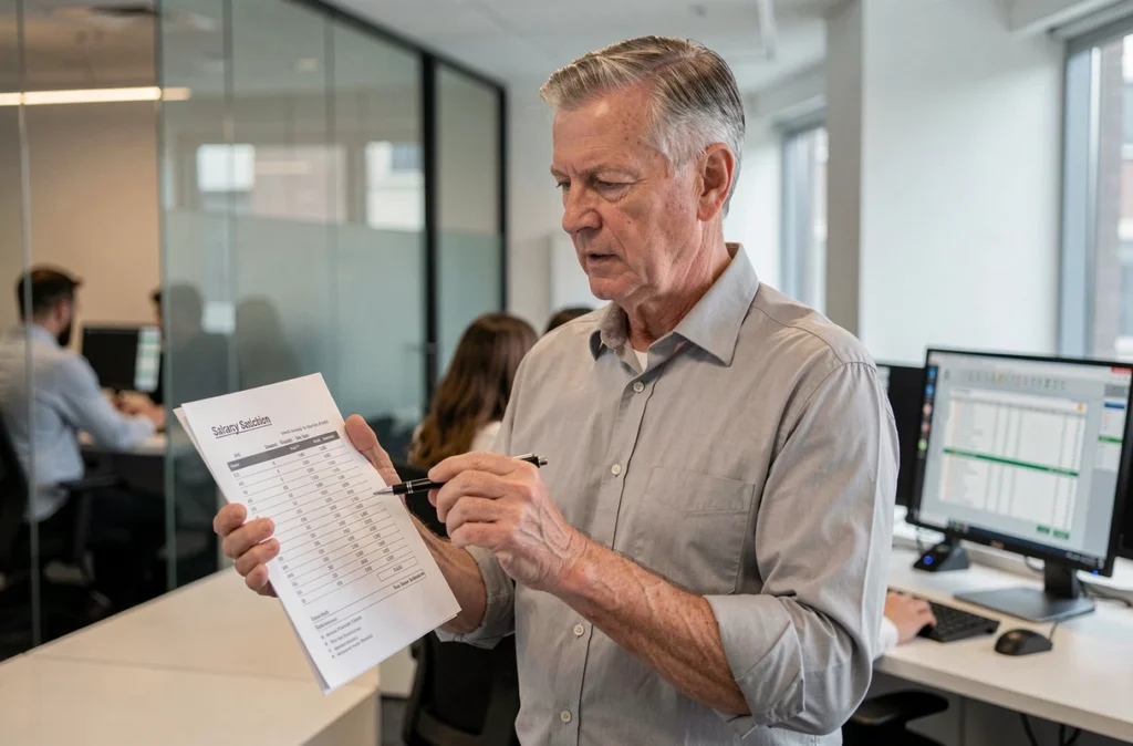 Homme en entreprise analysant un document de calcul de salaire brut net avec un stylo dans un bureau moderne